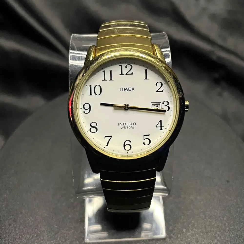 Timex Indiglo Quartz Watch Date Indiglo 30m Gold Tone SS 37mm New Battery